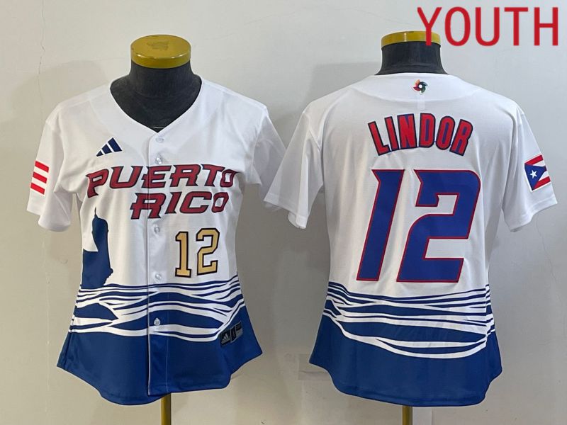 Youth 2023 World Cub Puerto Rico 12 Lindor White MLB Jersey5